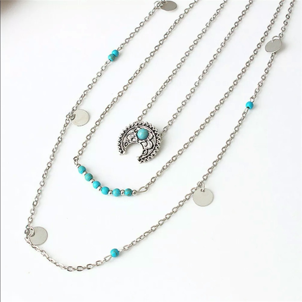 ✨Boho Silver Tone & Teal Multi Layer Necklace✨
